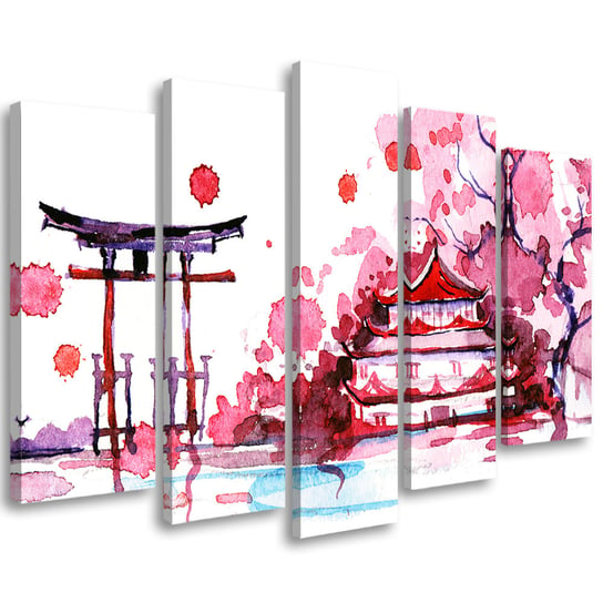 Obraz tryptyk pięcioczęściowy FEEBY, Japonia Pejzaż Różowy 100x70 Feeby