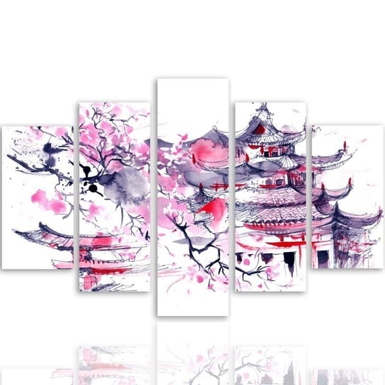 Obraz tryptyk pięcioczęściowy FEEBY, Japoński Krajobraz Różowy 150x100 Feeby