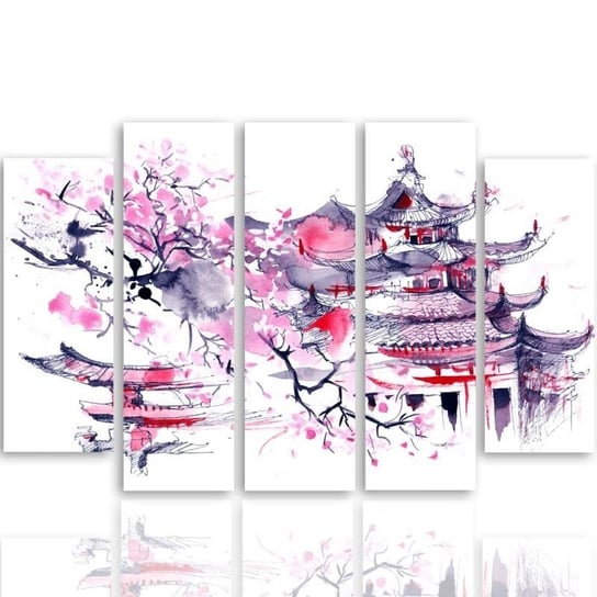 Obraz tryptyk pięcioczęściowy FEEBY, Japoński Krajobraz Różowy 200x100 Feeby