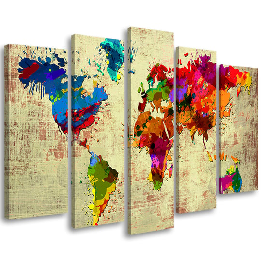Obraz tryptyk pięcioczęściowy FEEBY, Kolorowa Mapa Świata 150x100 Feeby