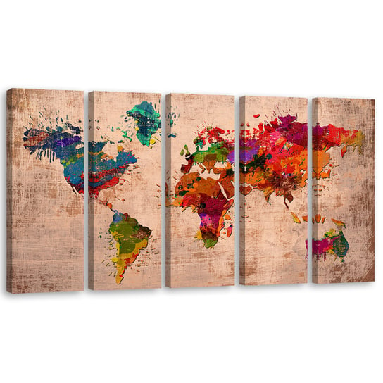 Obraz tryptyk pięcioczęściowy FEEBY, Kolorowa Mapa Świata 150x60 Feeby
