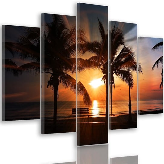 Obraz tryptyk pięcioczęściowy FEEBY, Palmy morze zachód słońca 200x100 Feeby
