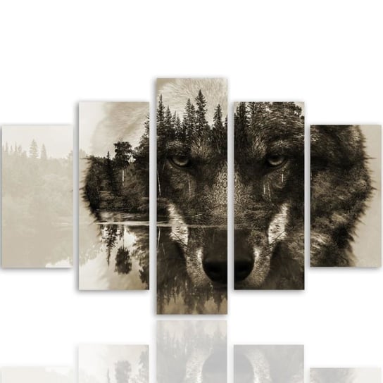 Obraz tryptyk pięcioczęściowy FEEBY, Wilk na tle lasu - brązowy 150x100 Feeby