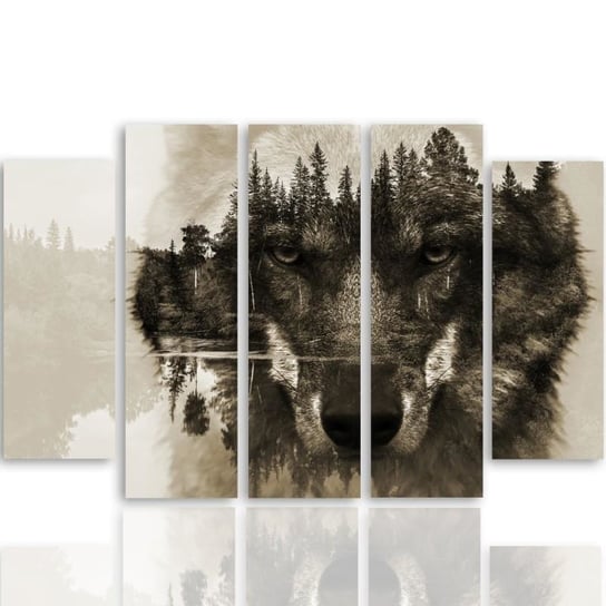 Obraz tryptyk pięcioczęściowy FEEBY, Wilk na tle lasu - brązowy 300x140 Feeby