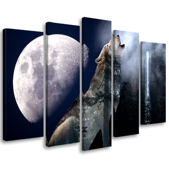 Obraz tryptyk pięcioczęściowy FEEBY, Wilk Natura Księżyc Mgła 150x100 Feeby