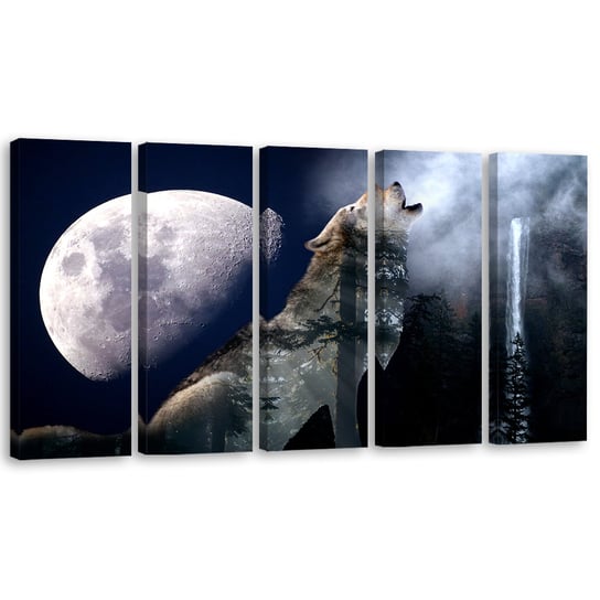 Obraz tryptyk pięcioczęściowy FEEBY, Wilk Natura Księżyc Mgła 200x80 Feeby