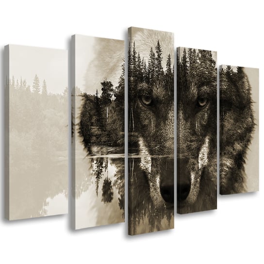 Obraz tryptyk pięcioczęściowy FEEBY, Wilk Zwierzęta Czarno Biały 100x70 Feeby