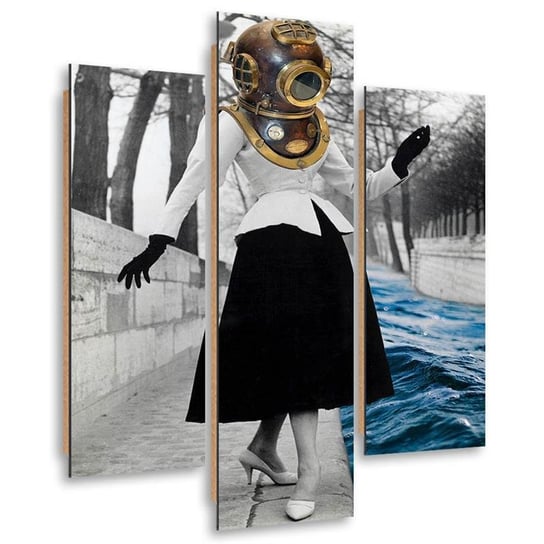 Obraz trzyczęściowy FEEBY, Kobieta w hełmie nurka nad kanałem surrealizm, Tryptyk typ A, 90x120 cm Feeby