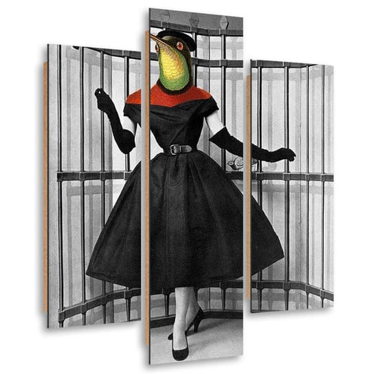 Obraz trzyczęściowy FEEBY, Kobieta z głową ptaka w klatce surrealizm, Tryptyk typ A, 120x160 Feeby