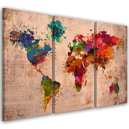 Obraz trzyczęściowy na płótnie FEEBY, Kolorowa Mapa Świata 60x40 Feeby
