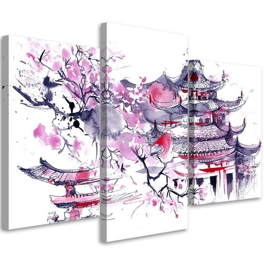 Obraz trzyczęściowy na płótnie FEEBY, Malowana japońska pagoda i kwiat wiśni 60x40 Feeby