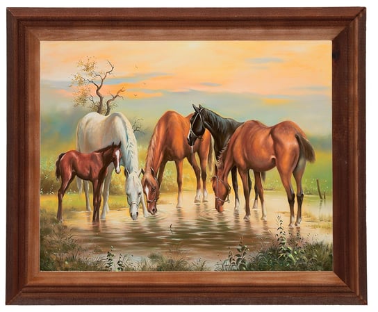 Obraz w drewnianej ramie, 24x30 cm- Konie u wodopoju, Adam Lis POSTERGALERIA