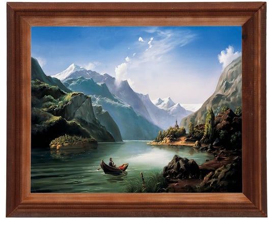 Obraz w drewnianej ramie, 24x30 cm- Pejzaż górski z łódką, Marian Kaszuba POSTERGALERIA
