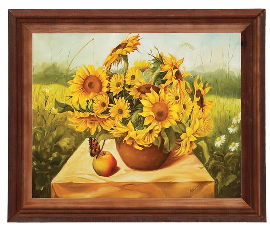 Obraz w drewnianej ramie, 24x30 cm- Słoneczniki z motylem, E Misiewicz POSTERGALERIA