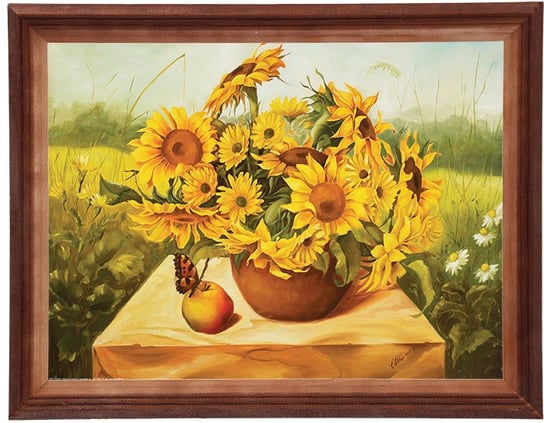 Obraz w drewnianej ramie, 30x40 cm- Słoneczniki z motylem, E Misiewicz POSTERGALERIA