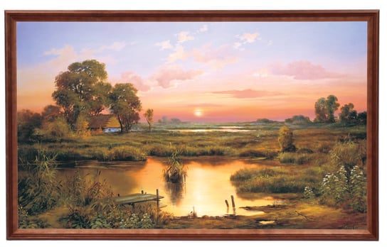 Obraz w drewnianej ramie, 60x100 cm- Moczary, Zachód słońca, Cezary Różycki POSTERGALERIA