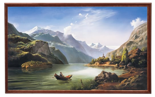 Obraz w drewnianej ramie, 60x100 cm- Pejzaż górski z łódką, Marian Kaszuba POSTERGALERIA