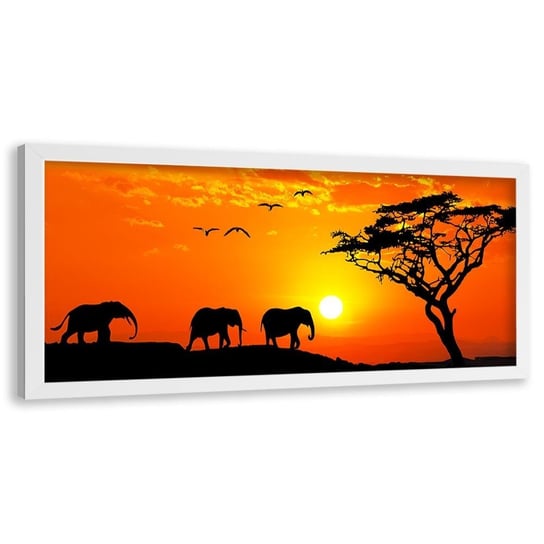 Obraz w ramie białej FEEBY, Afryka zachód słońca słonie 140x45 Feeby