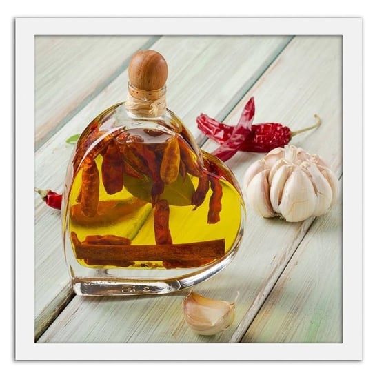 Obraz w ramie białej FEEBY Butelka oliwy z oliwek na drewnianym stole, 50x50 cm Feeby