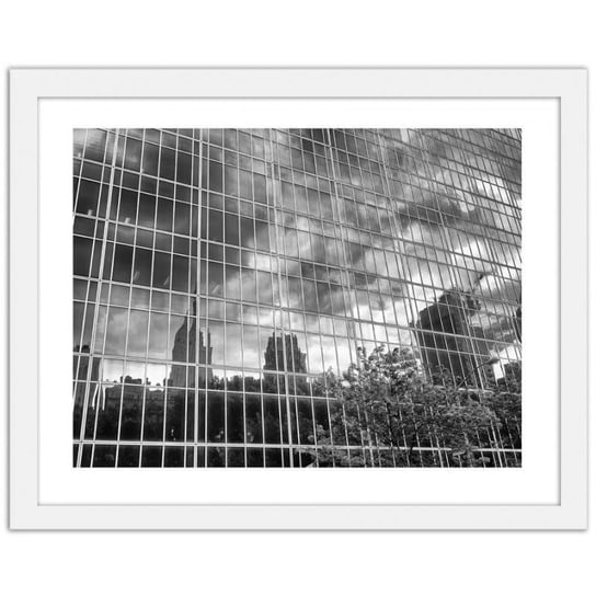 Obraz w ramie białej FEEBY Centrum Manhattanu odbite od budynku, 120x80 cm Feeby