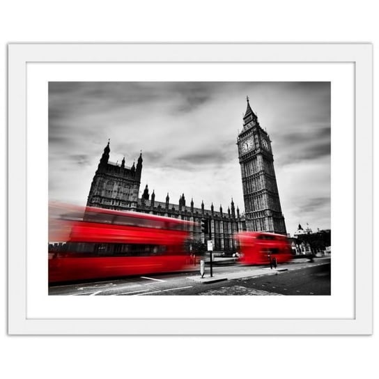 Obraz w ramie białej FEEBY Czerwone autobusy w ruchu i Big Ben, 100x70 cm Feeby