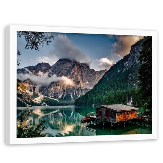 Obraz w ramie białej FEEBY, Domek Góry Jezioro Braies 120x80 Feeby
