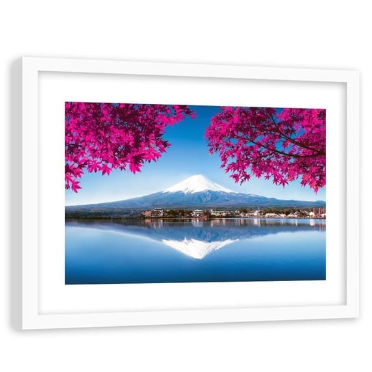 Obraz w ramie białej FEEBY, Góra FUJI Jezioro różowe liście 90x60 Feeby