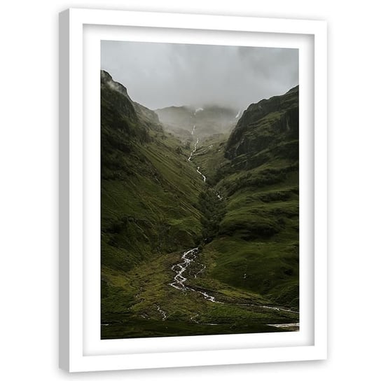 Obraz w ramie białej FEEBY, Góry Rzeka Mgła Natura 60x80 Feeby
