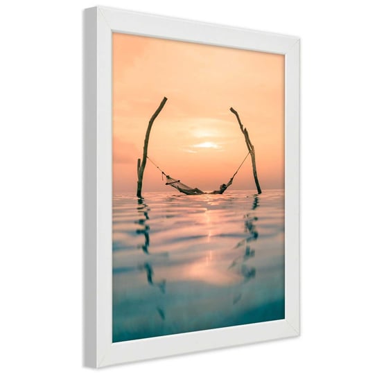 Obraz w ramie białej FEEBY, Hamak Morze Słońce Widok 30x45 Feeby