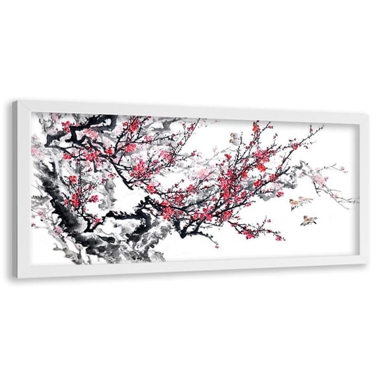 Obraz w ramie białej FEEBY, Japońskie kwiaty wiśni 140x45 Feeby