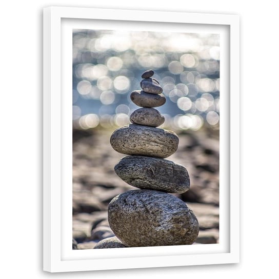 Obraz w ramie białej FEEBY, Kamienie na plaż, 80x120 cm Feeby