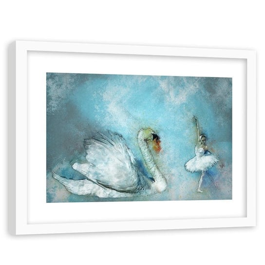Obraz w ramie białej FEEBY, Łabędź baletnica turkusowy 90x60 Feeby