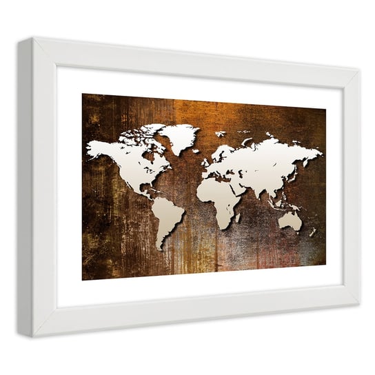 Obraz w ramie białej FEEBY, Mapa Świata Brązowa 100x70 Feeby