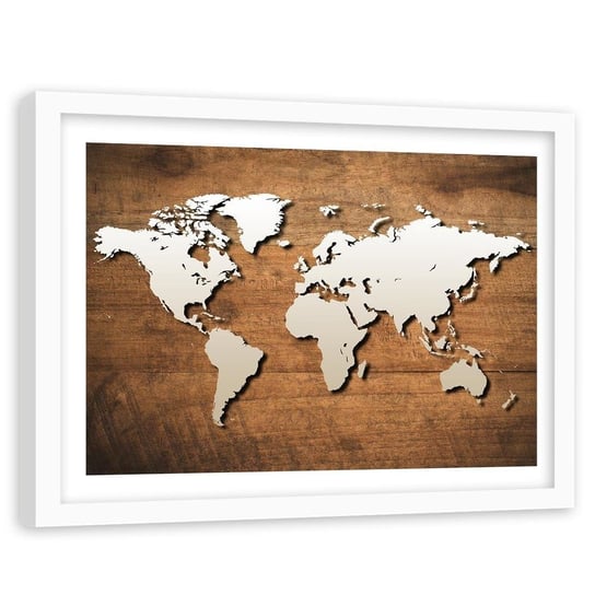 Obraz w ramie białej FEEBY, Mapa Świata Deski 120x80 Feeby