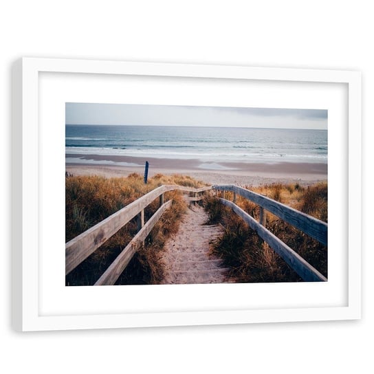 Obraz w ramie białej FEEBY, Plaża Pomost Wydmy Morze 120x80 Feeby