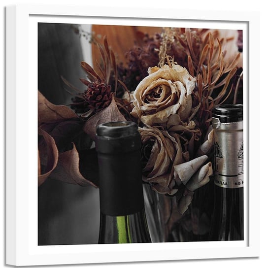 Obraz w ramie białej FEEBY, Suche kwiaty i butelki wina, 90x90 cm Feeby