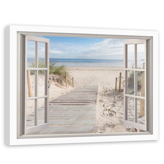 Obraz w ramie białej FEEBY, Widok z okna na plażę 120x80 Feeby