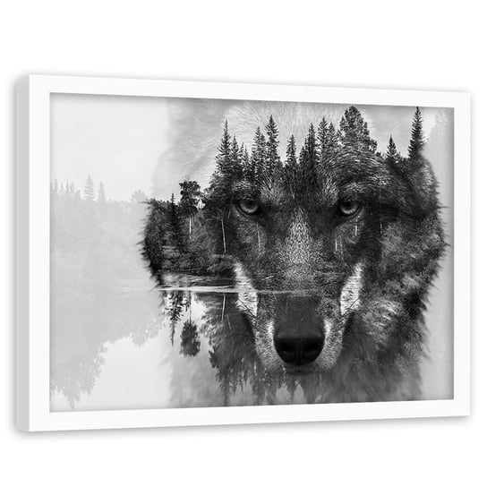 Obraz w ramie białej FEEBY, Wilk Las Zwierzęta Czarny 120x80 Feeby