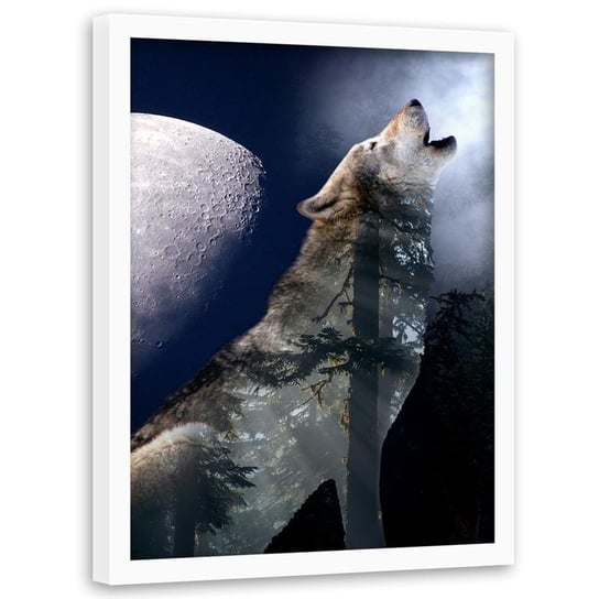 Obraz w ramie białej FEEBY, Wilk Noc Księżyc Natura 20x30 Feeby