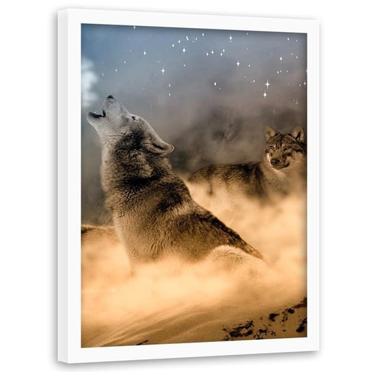 Obraz w ramie białej FEEBY, Wilki Mgła Zwierzęta Natura Przyroda 20x30 Feeby