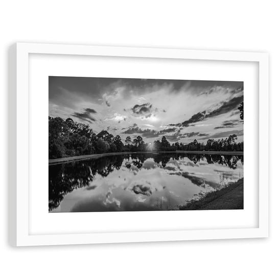Obraz w ramie białej FEEBY, Wschód słońca nad jeziorem 2, 120x80 cm Feeby