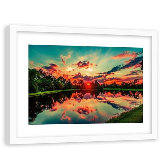 Obraz w ramie białej FEEBY, Wschód słońca nad jeziorem 4, 120x80 cm Feeby