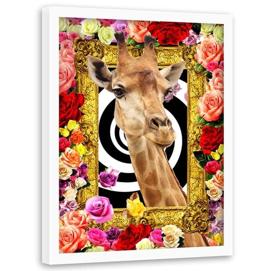 Obraz w ramie białej FEEBY, Żyrafa i kolorowe Kwiaty 80x120 Feeby
