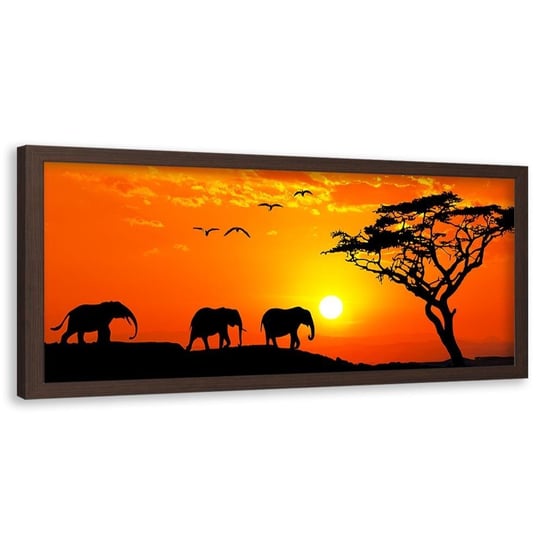 Obraz w ramie brązowej FEEBY, Afryka zachód słońca słonie 140x45 Feeby