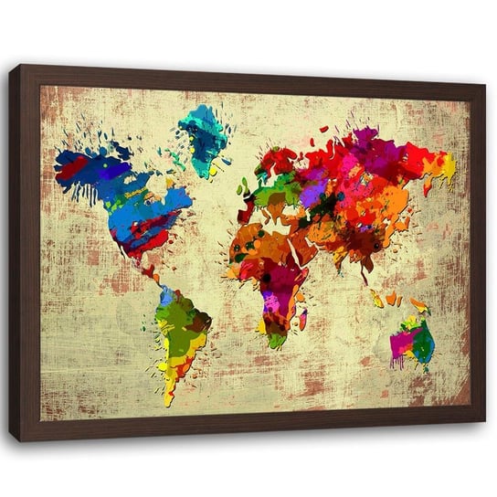 Obraz w ramie brązowej FEEBY, Mapa Świata Kolorowa Retro 120x80 Feeby