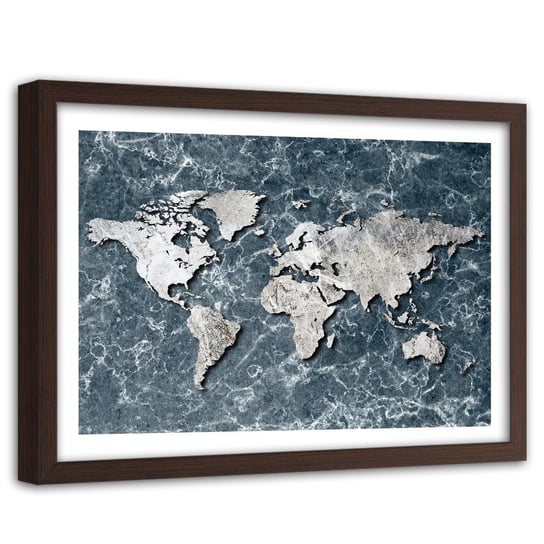 Obraz w ramie brązowej FEEBY, Mapa Świata Marmur Szary 120x80 Feeby