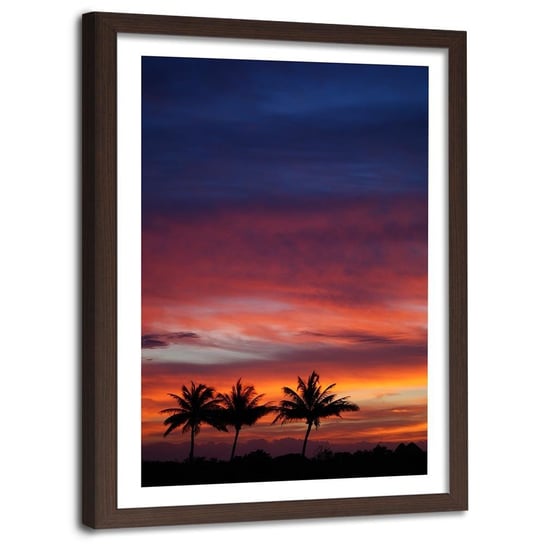 Obraz w ramie brązowej FEEBY, Palmy Zachód Słońca Morze 80x120 Feeby
