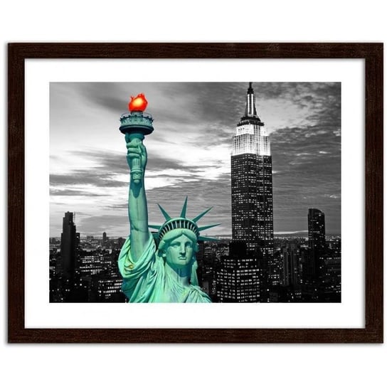 Obraz w ramie brązowej FEEBY, Statua Wolności i New York City, 70x50 cm Feeby