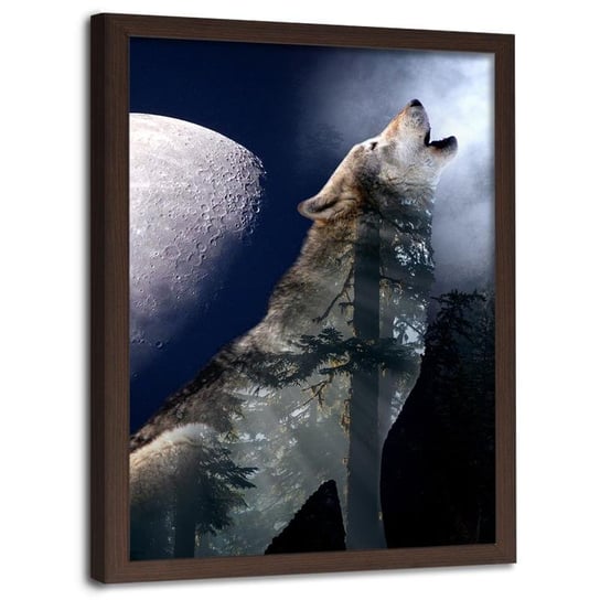 Obraz w ramie brązowej FEEBY, Wilk Noc Księżyc Natura 20x30 Feeby