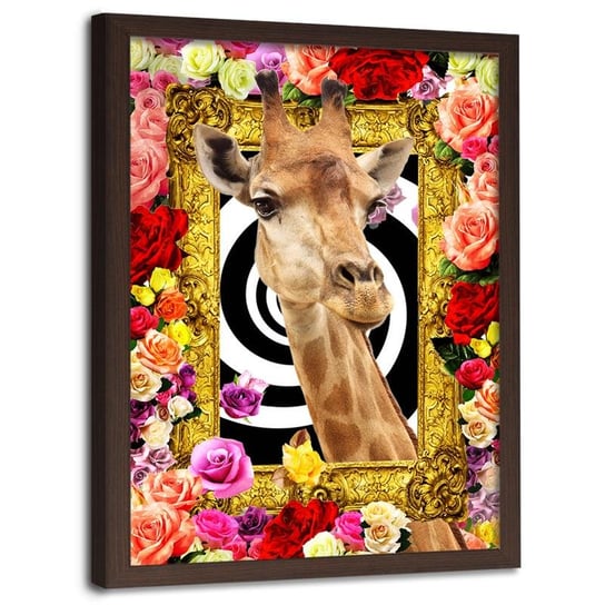 Obraz w ramie brązowej FEEBY, Żyrafa i kolorowe Kwiaty 40x60 Feeby